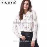 New Design Women White Printed Bow Decor Long Sleeve Chiffon Blouse thumbnail-1