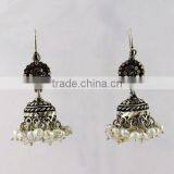 Awesome Marcasite Jhumka Pearl & Black CZ 925 Sterling Silver Earring. Handmade Silver Jewelry, Online Silver Jewelry thumbnail-1