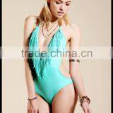 Sexy Tassel Solid Color Piece Swimsuit Plain V-neck Tassel Bikini Swimsuit thumbnail-4