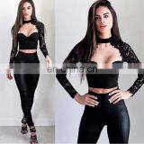Fashion Women Clothing Sexy Two Piece Jumpsuit Ladies Lace Crop Top With Pants thumbnail-1