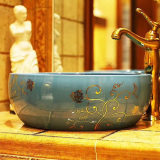 China Factory Bathroom Round Decal Ceramic Counter Top Sink Wash Basin