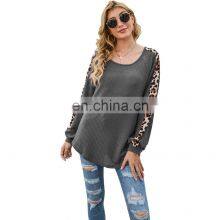 Custom Logo Spring and Autumn Women's Amazon Autumn and Winter New Long-sleeved Waffle Leopard Print Stitching T-shirt thumbnail-3