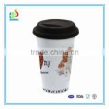 Hot sale porcelain double wall ceramic coffee mug with lid & dog design