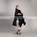 Myfur Fashion Style Women Black Color Cashmere Poncho With Fox Fur Trim Cape/Shawl thumbnail-3