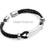 Black Leather Bracelet For Men With Substantial Id Bar For Engraving And Magnetic-bayonet Clasp