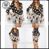 2015 Spring New Arrival Plus Size S-XXL Sexy Black V-neck Floral Print Loose Romper Playsuit Jumpsuit With Long Flare Sleeves