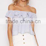 Summer Fashion Women Clothes Ruffle Cropped Tops off Shoulder Striped Tops thumbnail-5