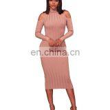 2020 New Arrivals Women Solid Color Fashion Casual Dresses Ladies Long Sleeve Turtleneck Off Shoulder Dresses Women Autumn Dress thumbnail-4