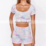 New Fashion Gym Wear Short Sleeve Crop Top And Gym Shorts Set Yoga Sets Fitness Women Colorful Tie Dye Yoga Set Women thumbnail-3