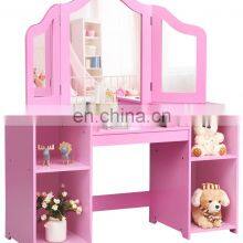 Princess Makeup Dressing Table With 4 Large Storage Shelves and 3-Panel Mirror for Kids and Girls