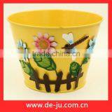 Green Printing With Flowers Round Small Metal Planter thumbnail-2