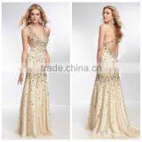 Sexy Halter Handmade Crystal Beaded Sheath Nude Evening Dress thumbnail-1