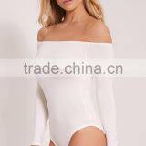 Long Sleeve Jumpsuit With High Leg Cotton Soft Basic White Off Shoulder Sexy Thong Bodysuit thumbnail-2