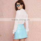 MGOO New Arrival 2016 OEM Custom Light Blue PU Skirts Women Faux Leather Short Straight Skirts 15144A373 thumbnail-3