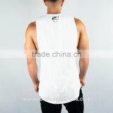 OEM Slim Fit White Plain Mens Cut off Gym Shirt Deep Cut Longline Curved Hem T Shirt With Side Split thumbnail-3