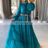 TWOTWINSTYLE Bohemian Dress For Women Temperament Stand Collar Lantern Long Sleeve High Waist Sashes thumbnail-4