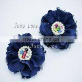 2 Pcs Denim Lace Flower- Pearl Lace Flower- Pearl and Rhinestone Denim Lace Flower