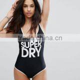 MGOO Fashion Manufacturing Custom Made Cut Back One Piece Swimsuit Printing Logo Swimwear White Piping thumbnail-3