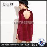 Red Velvet Backless Long Sleeve Shift Dress 100% Cotton Casual Sexy Back Hole Dress thumbnail-1