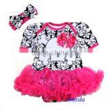 Newborn Baby Hot Pink Damask Skull Pettiskirt Bodysuit Romper and Headband NB-18M thumbnail-1
