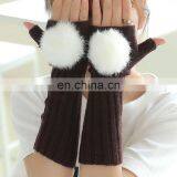 Long pattern women winter knitted gloves/mittens with real rabbit fur ball