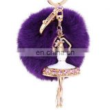 2017 hot sales korean style fur ball pom pom Keychain with ballet girl charms