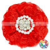 Red Chiffon Blossom Fabric Crystal Pearl Center Flowers