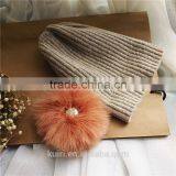 Real Fur Pompom Winter Hats For Women Cashmere Wool Knit Beanie Cap Turkey Fur Pom Bobble Hat 2016 thumbnail-3