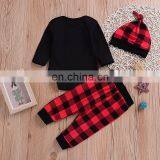 "Daddy's Little Man" 2019 Boys Black Rompers Outfits & Kids Plaid Full Print Pants & Baby Hat 3pc Set thumbnail-3