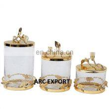 All Gold Decorative Lid Designer Leaf Luxury Canister/Kitchen Indian Decorative Metal & Glass Canister