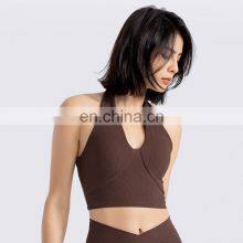 Wholesale Halter Backless Sports Yoga Bra Sexy Ribbed Open Back Gym Fitness Vest Bra Top Women Workout Activewear Clothes thumbnail-3