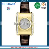 FS FLOWER - SWF059 Brushing Watch Case Tone Golden Plated Shining Leather Strap Quartz Wrist Watch Women Fashion
