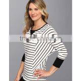 Women White Black Stripe Fleece Scoop Neckline With Sweater-stitch at Front Three-quarter Length Dolman Sleeves Sweater Fleece thumbnail-3