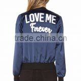 OEM Latest Lettering LOVE ME Back Embroidered Patch Bomber Jacket Customize 100% Polyester /Satin Jacket For Women thumbnail-1