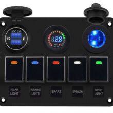 Multifunction 5 Gang Marine Rocker Switch Panel With QC3.0 Fast Car Charger Digital Voltmeter and Cigarette Lighter Socket For Bus Boat Car