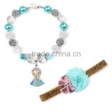 blue neckalce with cute girl doll and satin bow flower hairband wholesale baby girls chunky necklace and hairband