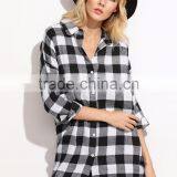 Check Plaid Drop Shoulder Shirt Black and White Cotton Blend Long Sleeve Casual Button Women Shirt thumbnail-2