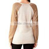 Elegant Contrast Color Crew Neck Raglan Sleeve Sweaters Ladies Knit Pullover thumbnail-3