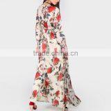 One-piece Dress Deep V Printed Floral Beige Chiffon Dress thumbnail-3