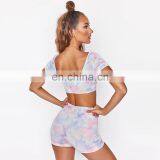 New Fashion Gym Wear Short Sleeve Crop Top And Gym Shorts Set Yoga Sets Fitness Women Colorful Tie Dye Yoga Set Women thumbnail-4