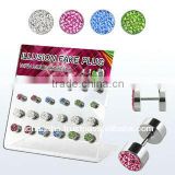 Display with 24 pcs of multi crystal surgical steel fake plugs with plain flat back in assorted colors size 6mm & 8mm