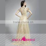 HT74 NEW Fashion Elegant High Neck Short Sleeve Prom Dresses Beaded Crystal A-line Floor Length Vestido Longo Azul thumbnail-2