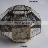 Brass and Glass Hurricane Pillar Candle Lantern With Square Patterns and Antique Silver Glass