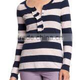 Womens Yarn Dyed Striped Long Sleeve t Shirt With Ruffled Placket