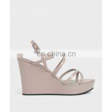 Ladies latest fancy design patent strappy heel wedge sandals ankle strap metal buckle with platform shoes