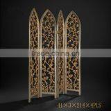 Elegant Gold Painted Wooden Floor Screen, Flower & Bird Design Decorative Curio Four Panel Folding Screen thumbnail-4