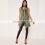 Light Weight Crepe Sleeveless Cardigan Women's Khaki Green Waistcoat thumbnail-4