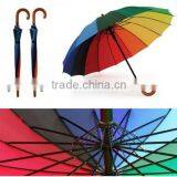 Colourful 16 Panels Wooden Curved Handle Straight Umbrella