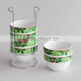 Stackable Salad Bowl, Set of 4 or 6, Porcelain With Decal and Metal Holder thumbnail-3