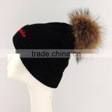 Myfur Letter Embroidery Winter Knitted Beanie Hat Black Unisex Pom Pom Hat thumbnail-3